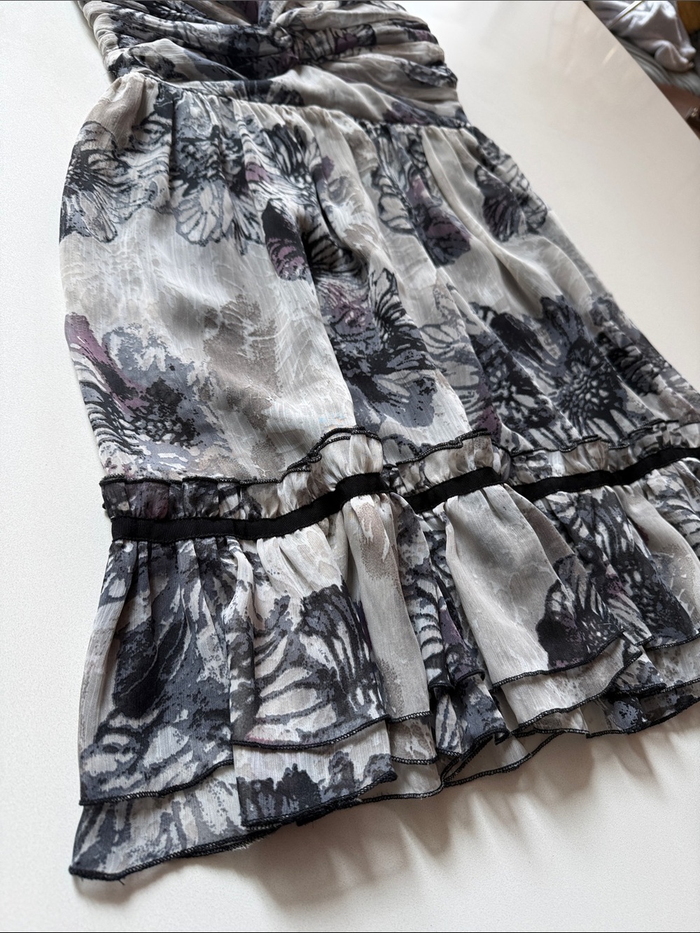 C. Luce Strapless Floral Empire Waist Mini Dress, Ruffle Hem, Size M - Picture 3 of 15